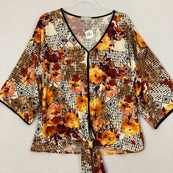 New Chenault Brown Orange Floral Stretch Knit Tie Front Feminine Blouse Large - Picture 1 of 9